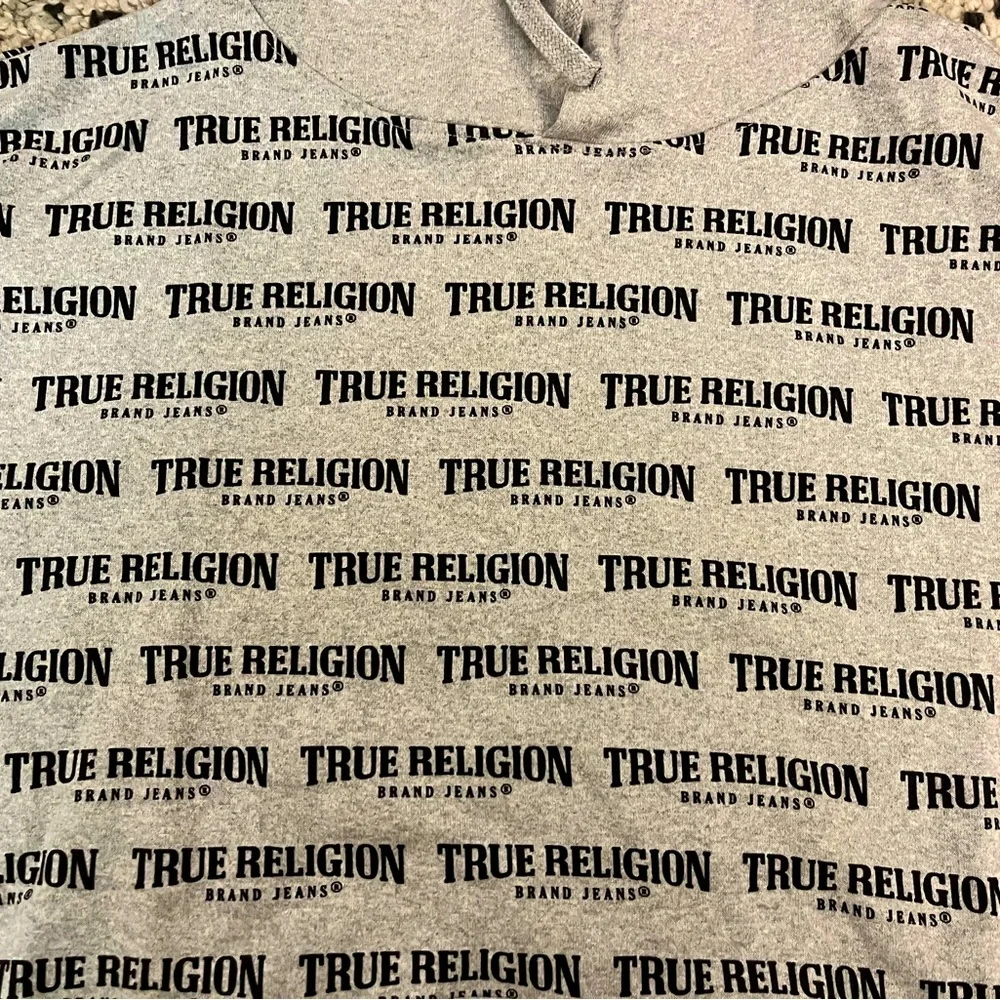 True Religion All Over Print Long Sleeve Gray Pullover Hoodie Men L New - Picture 2 of 4